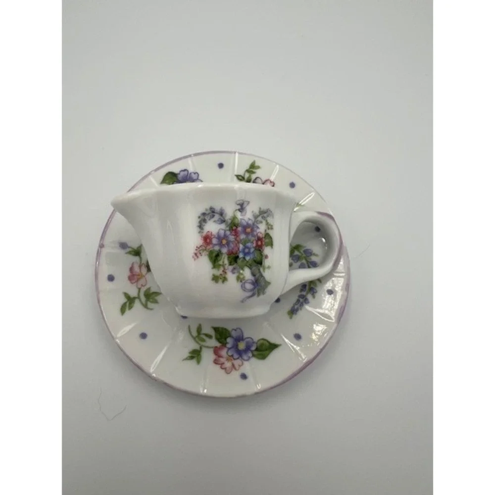 Miniature Floral Porcelain Creamer and Saucer Set Purple White Tea Set Accessory